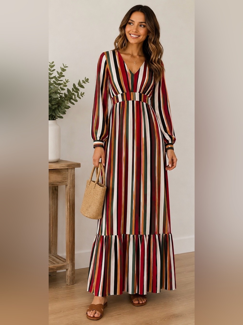 Saltwater Luxe Striped Tiered Maxi Dress V Neck Long Sleeve Size S NWT